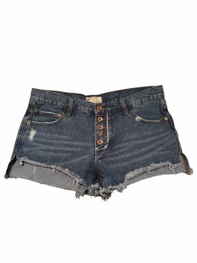 Free People High-Waist Button-Front Distressed Denim Shorts - Dark Blue
